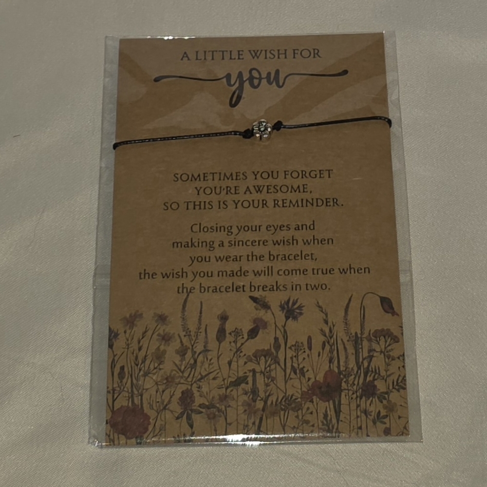 Floral Wish Card with Black String Bracelet